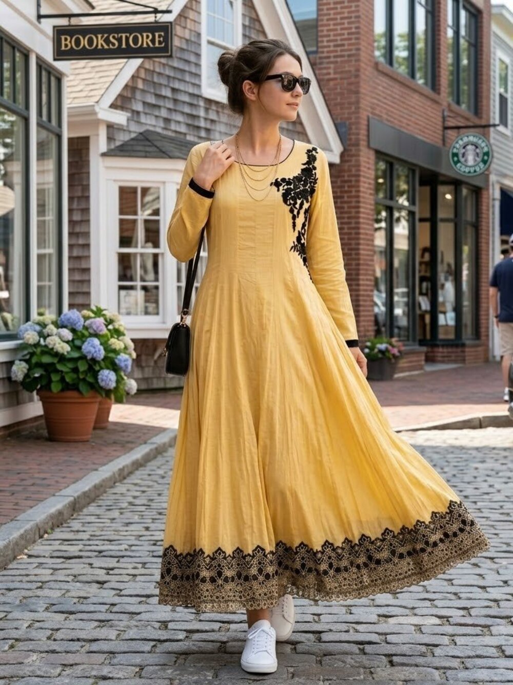 Vintage Beige Embroidered Maxi Dress Long Sleeve Black Lace Trim Bohemian XL